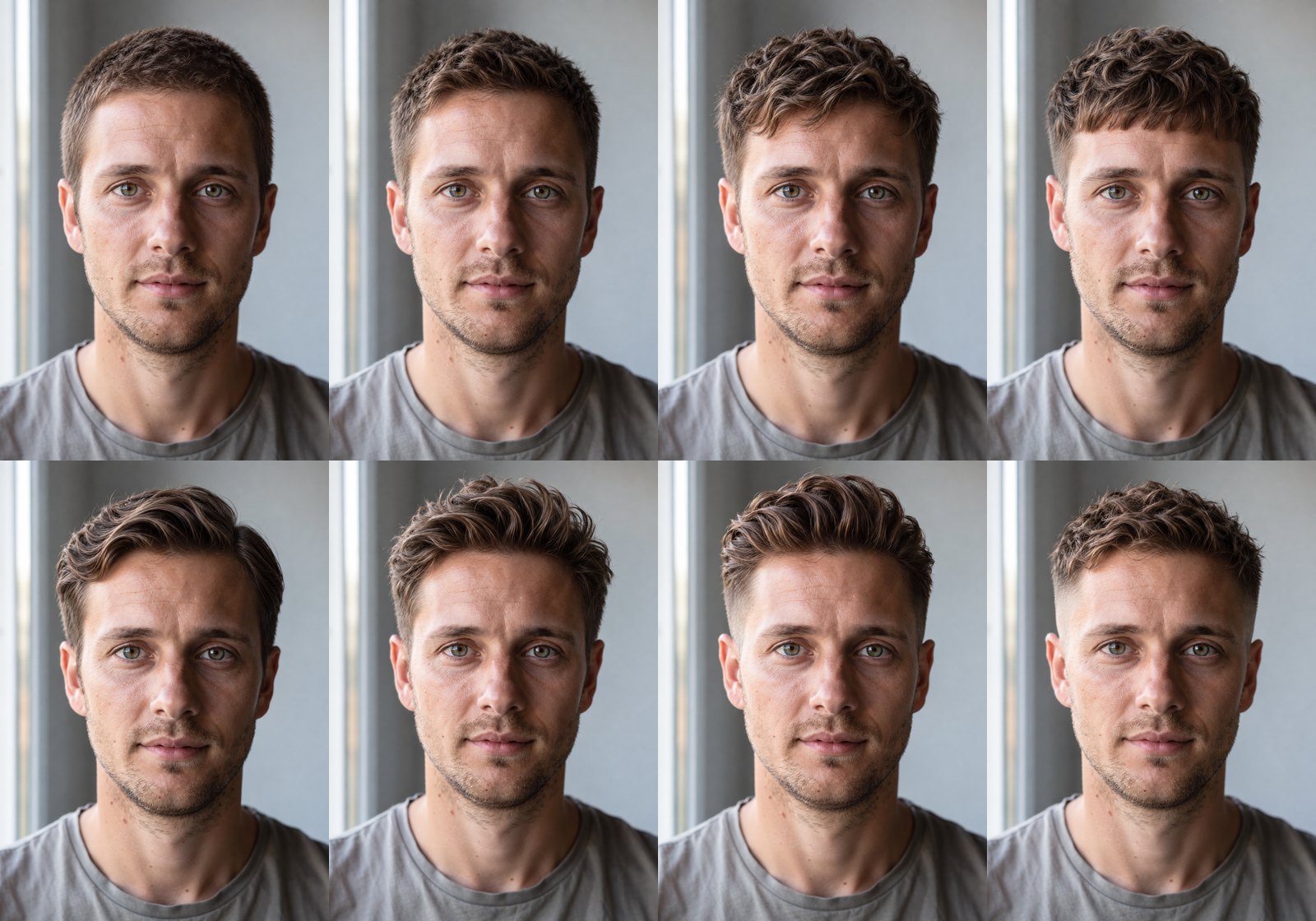 The same AI-generated example man with eight different haircuts